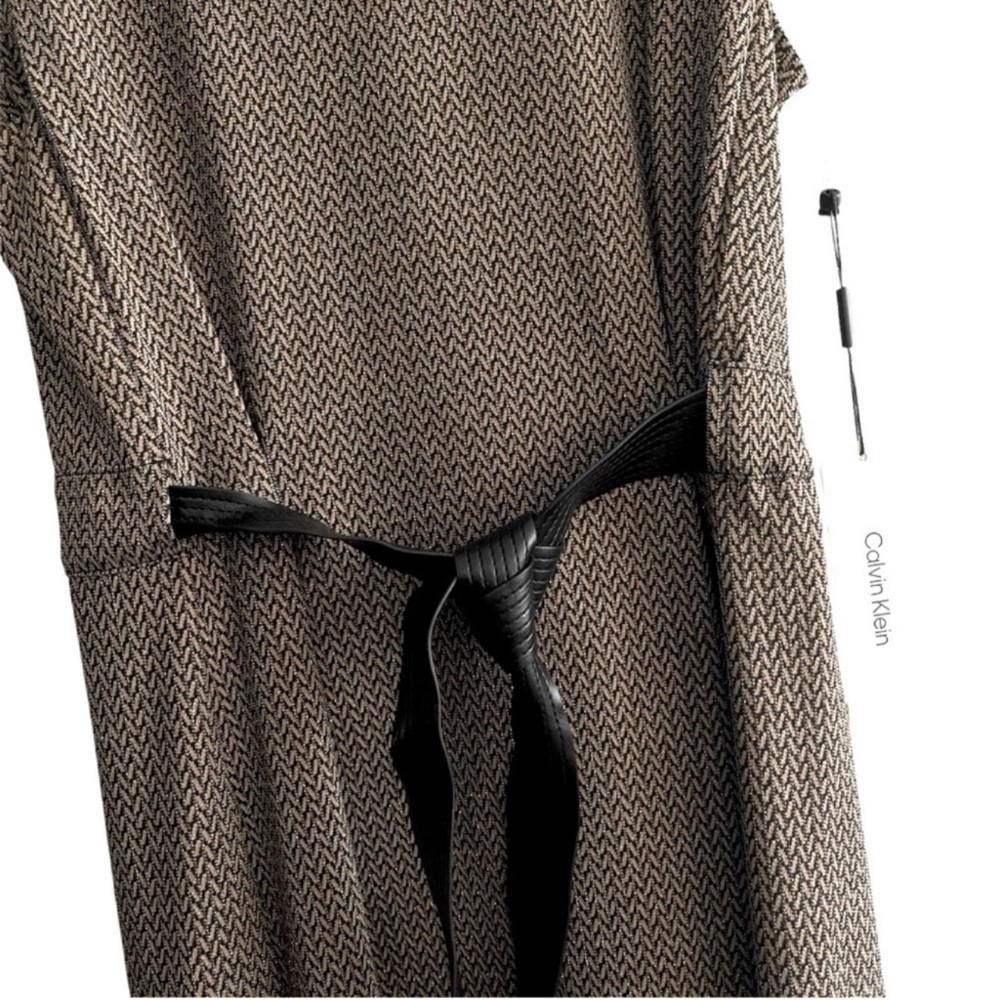 NEW Calvin Klein Sleeveless Belted Dress A-line Lurex Black Brown Tan Size 4 - Picture 9 of 13